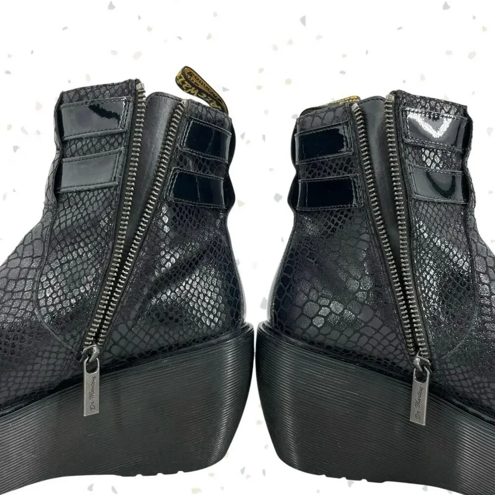 Dr. Martens Caitlin Black Reptile Snakeskin Wedge Buckles Ankle Boots Size 6